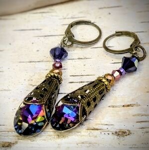 Victorian Volcano Swarovski Crystal In Filigree  Ornate Drop Earrings In Brass